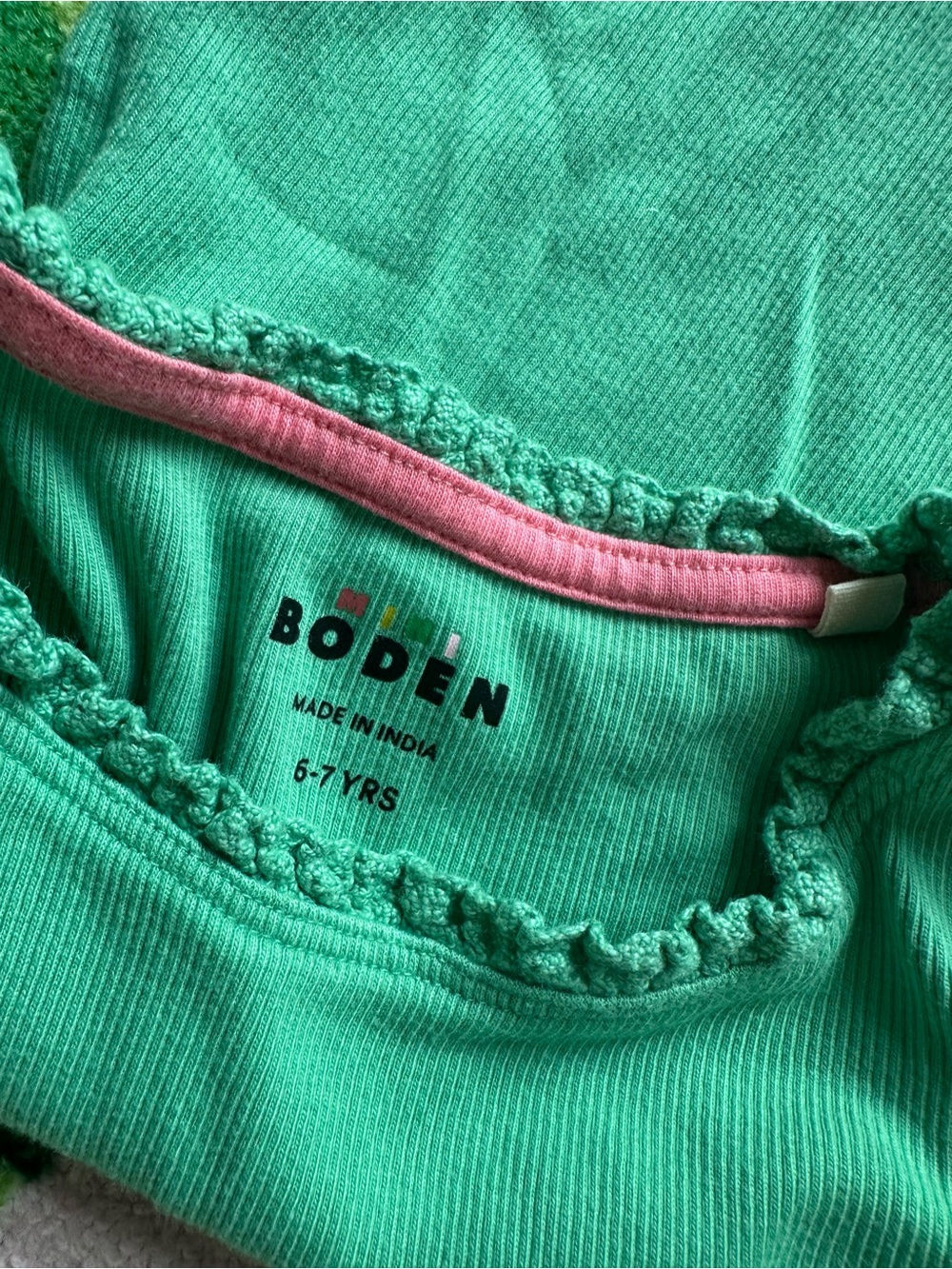 Mini Boden Green tank top with lace ruffle details